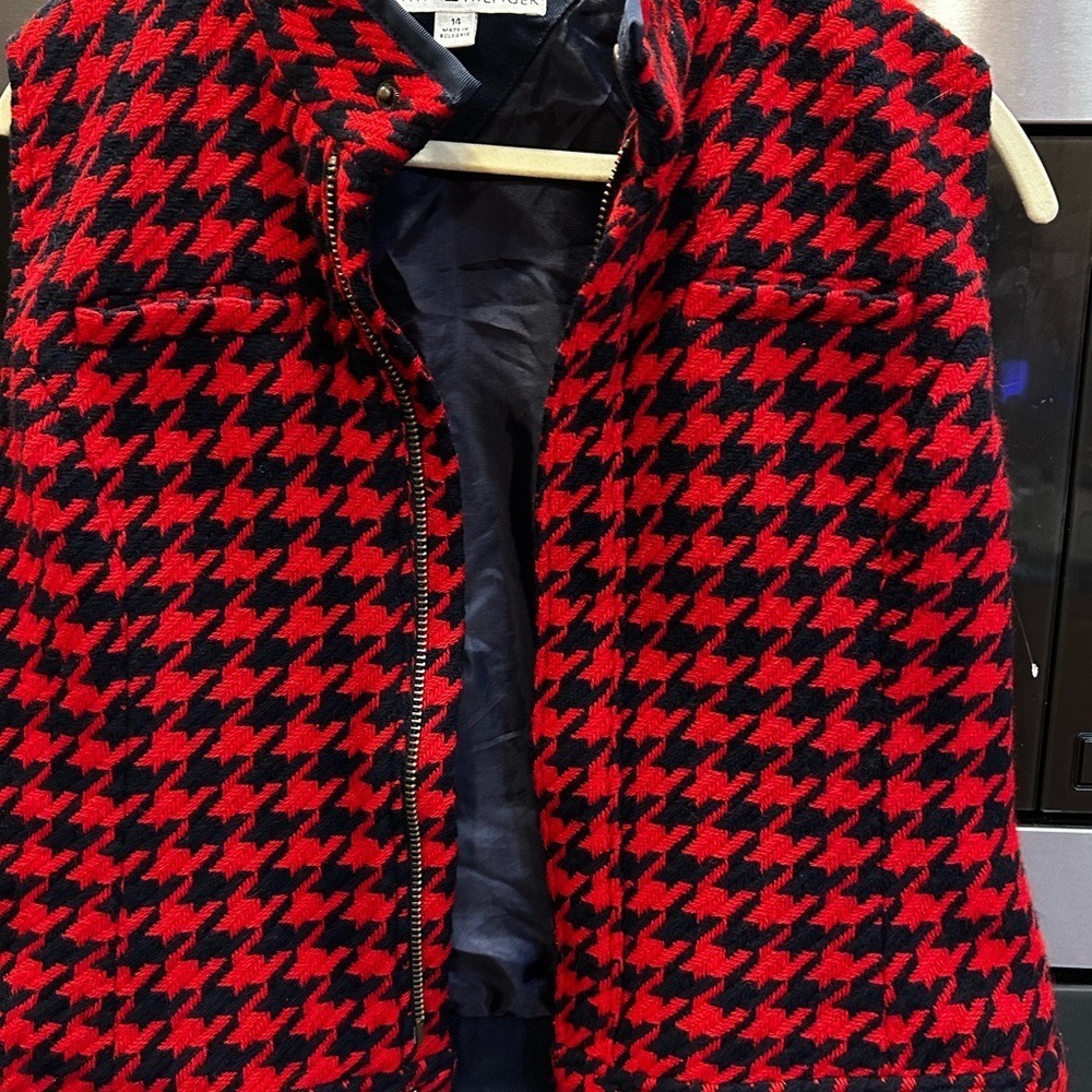 Tommy Hilfiger Houndstooth‎ Vest Red Black Zip Mock Neck Sleeveless Size 14